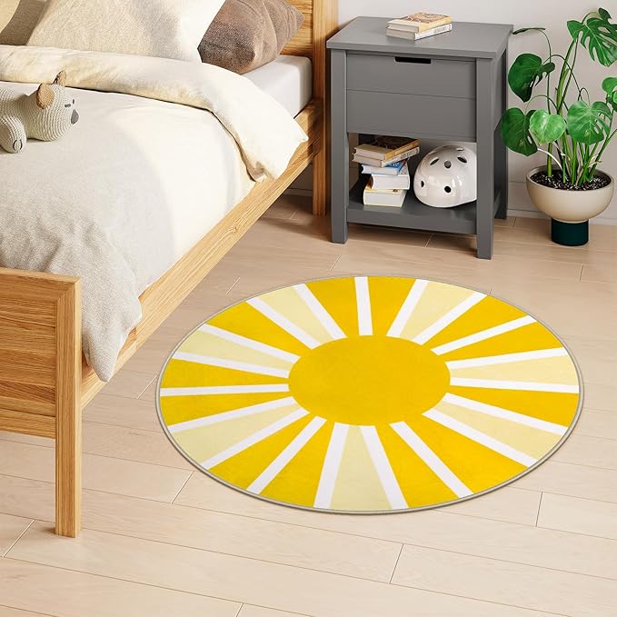 Lahome Yellow Rainbow Sun Round Rug: 3ft Washable & Non-Slip Low Pile with Cute Boho Print for Nursery, Bathroom, Bedroom, Kids Room & Dorm
