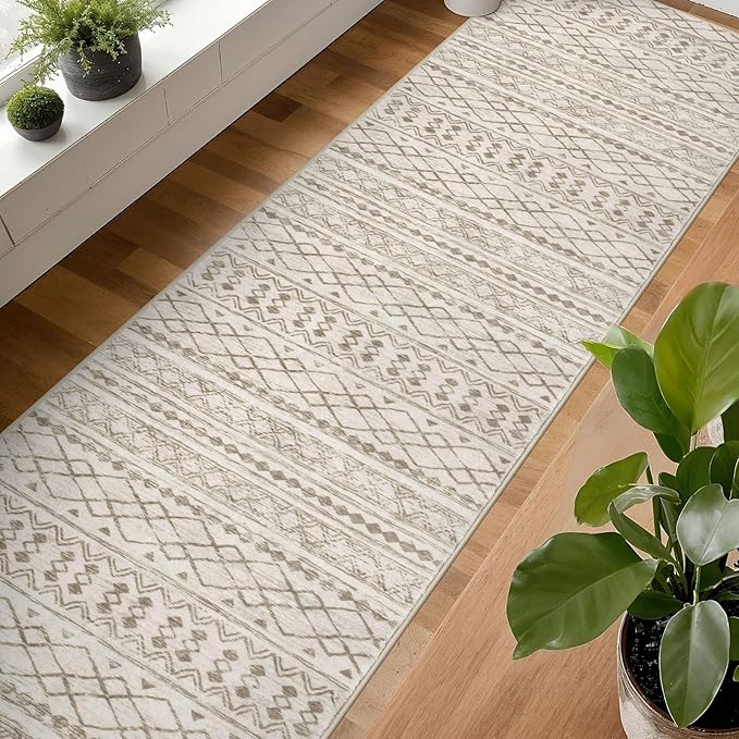 KUTA Boho Runners for Hallways 2.6x16 ft Moroccan Beige Washable Long Hall Carpet Non-Slip Vintage Soft Distressed Geometric Kitchen Runner Rug for Bedroom Laundry Living Room