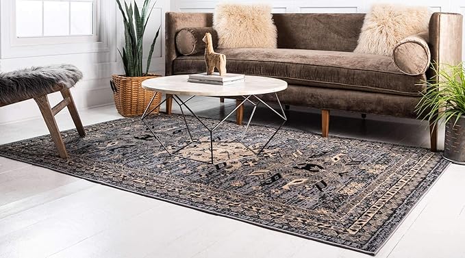 Unique Loom Taftan Collection Border Geometric Tribal Inspired Design Area Rug (9' 0 x 12' 0 Rectangular, Gray/ Black)
