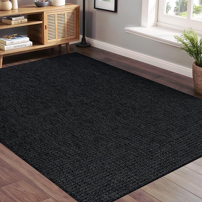 Beverly Rug Easy Jute Rug 5x7 Solid Washable Durable Outdoor Indoor Area Rugs for Living Dining Room Patio Office Stain Resistant Non Shedding Casual Indoor Outside Carpet (5 x 7 Dark Gray)