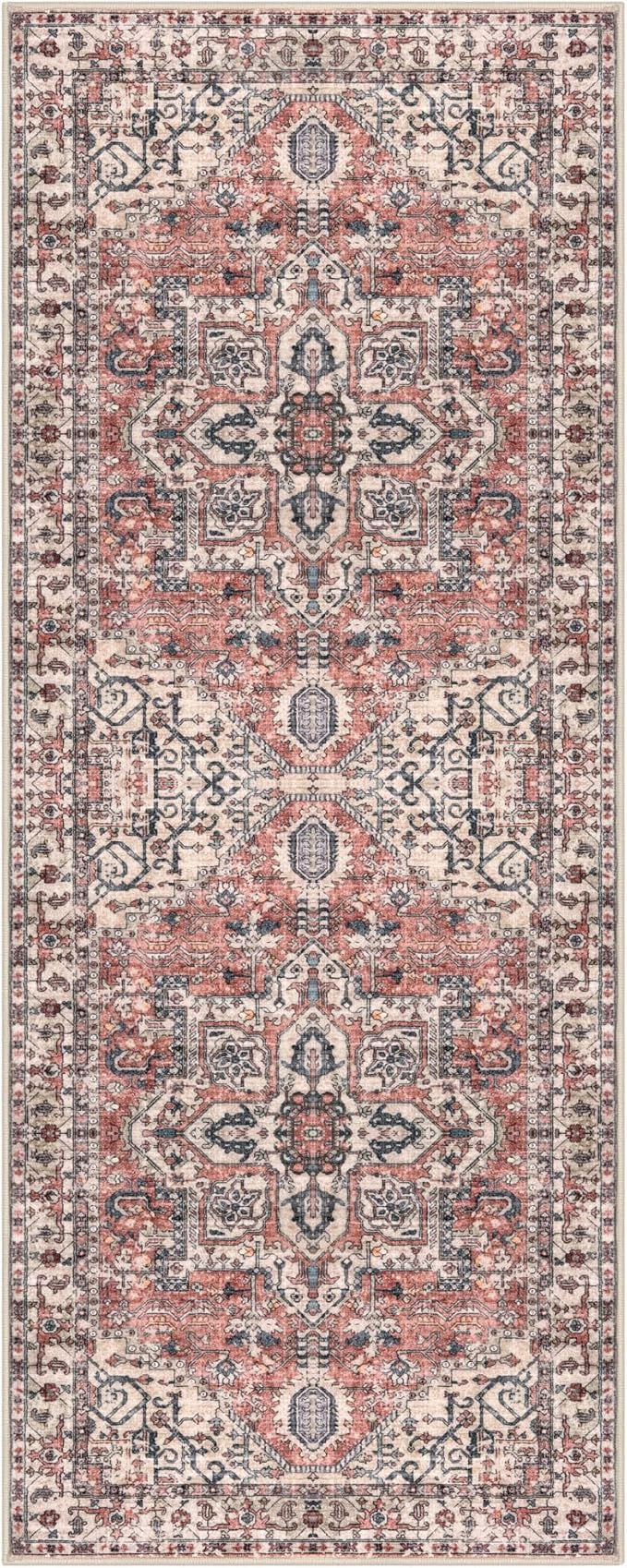 KOZYFLY Runners for Hallways 2x5 Ft Washable Kitchen Runner Rug Boho Runner Rug for Entryway Indoor Printed Oriental Faux Wool Floor Carpet Runner for Laundry Room Kitchen Hall, Terracotta/Beige