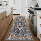 KOZYFLY Runners for Hallways 2.6x8 Ft Washable Kitchen Runner Rug Boho Runner Rug for Entryway Indoor Gold Navy Printed Oriental Faux Wool Floor Carpet Runner for Bedroom Kitchen Hall