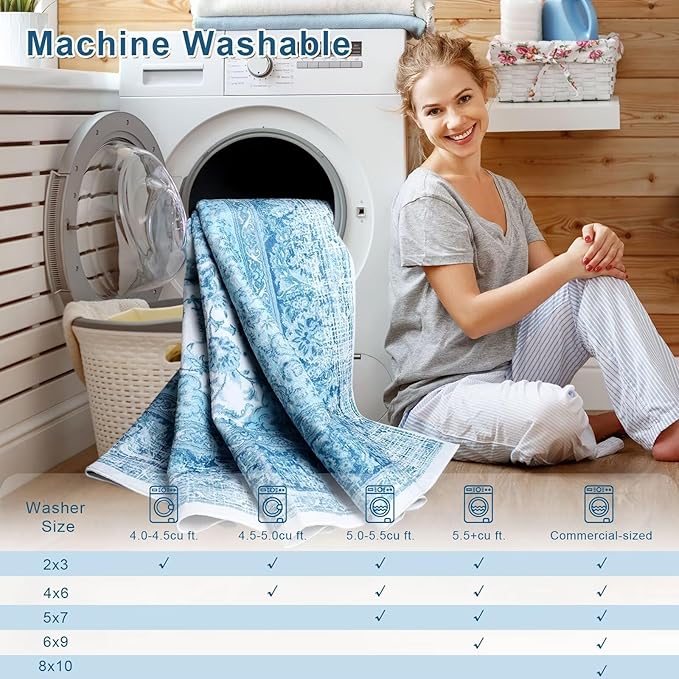 4x6 Area Rug for Bedroom, Machine Washable Rugs with Non-Slip Backing for Living Room, Soft Vintage Carpet Kitchen Laundry Kids Room Decor, Celestial Blue