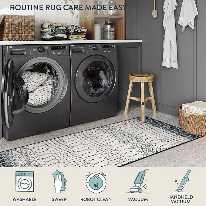 Lahome Moroccan Washable Runner Rug 2x6, Black Stain Resistant Non-Slip Kitchen Rug Runner, Ultra-Thin Geometric Print Distressed Floor Carpet for Entryway Laundry Bedroom