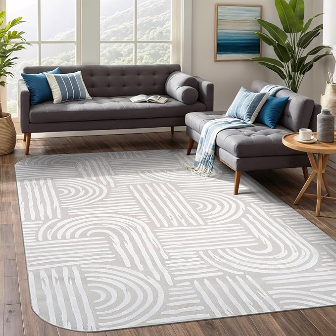 Beverly Rug Modern Geometric Area Rug 4x6 Low-High Pile Durable Soft Abstract Curved Indoor Rugs for Living Dining Room Office Stain Resistant Non Shedding Casual Indoor Carpet Beige White 4 x 6