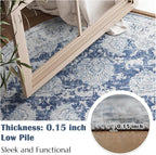 jinchan Fiora Round Rug 8ft Area Rugs Vintage Floral Distressed Design Machine Washable Non-Slip Low-Pile Ultra-Thin Circle Rug for Living Room Dining Room Bedroom Farmhouse (8' Round, Dark Blue)