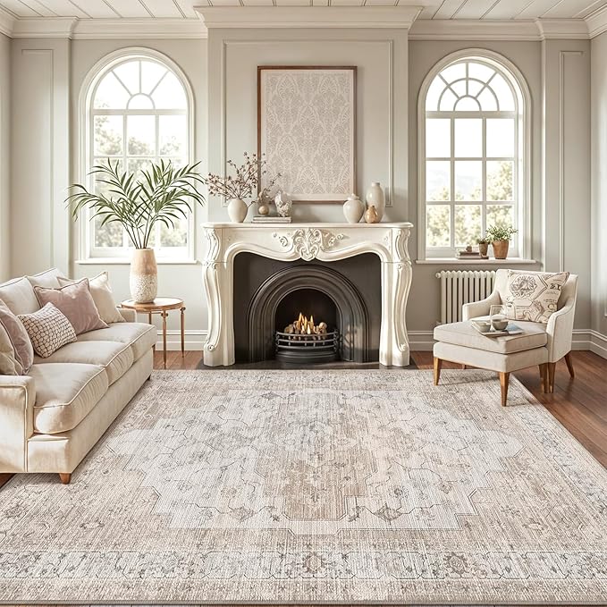 LUMI 8x12 Washable Area Rug for Living Room, Ultra Soft Vintage Rugs with TPE Non Slip Backing, Stain Resistant, Low Profile Carpet High Traffic for Bedroom, Dining Room