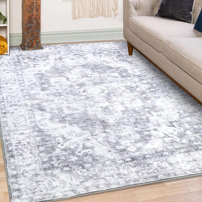 COMSLE 4x6 Rugs for Living Room Washable Area Rugs for Bedroom Faux Wool Distressed Throw Rugs Absorbent Non-Slip Floor Carpet for Indoor Kitchen Laundry Room Gray