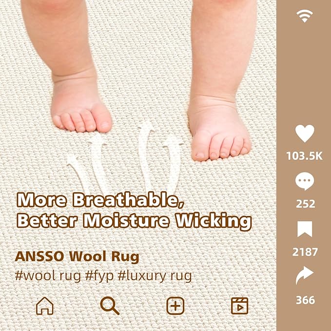 ANSSO Wool Area Rugs 9x12 Living Room,80% Merino Wool and 20% Cotton Soft Tufted Area Rug with Cotton Non-Slip Backing,Large Area Rug for Bedroom Bedroom, Dining and Home Office (Cream White)