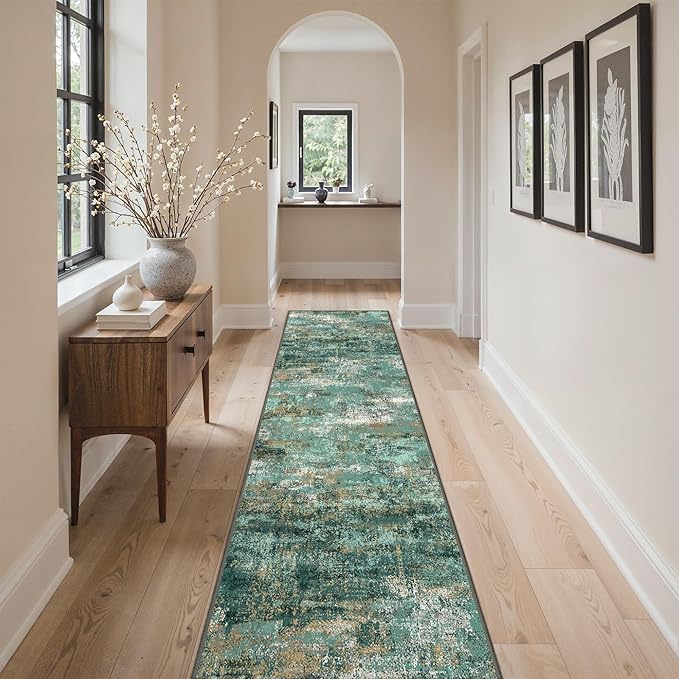 GENIMO Runner Rug Non Slip 2'6"x10', Washable Rug Runner for Hallways Kitchen, Abstract Modern Kitchen Rugs, Low Pile Lightweight Carpet Runners for Entryway, Bedroom, Laundry, Turquoise