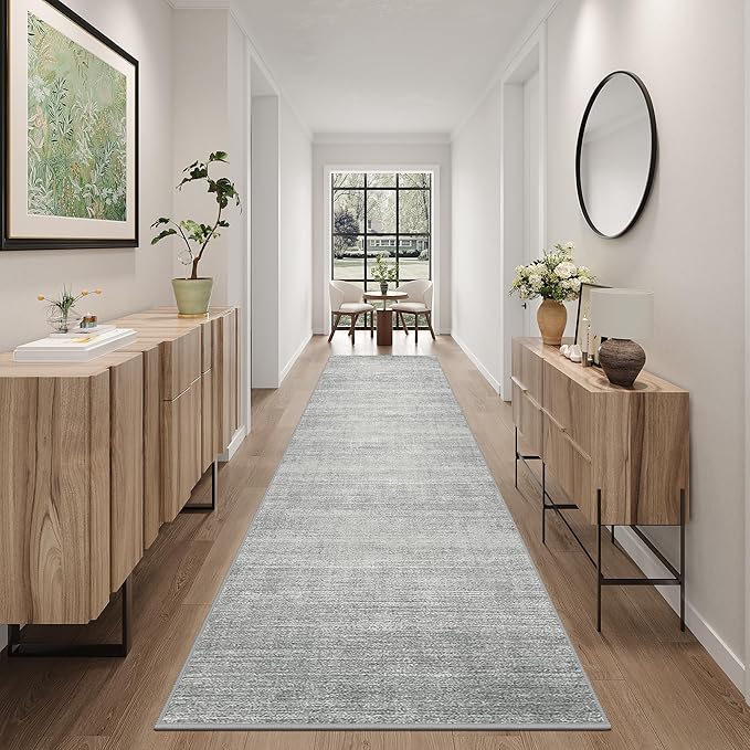 Art&Tuft Non-Slip Runner Rug - 2.5x10 Runner Rug Washable Low-Pile Rugs Runners, Soft Distressed Carpet Runner for Bedroom Bathroom Kitchen Laundry Living Room, Grey