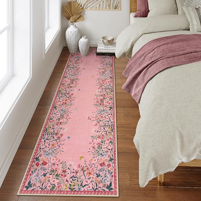Lahome Boho Floral 2'6"x8 Pink Bathroom Runner Rugs Non Slip Washable,Soft Runners for Hallways,Indoor Carpet Runner with Rubber Backing for Entryway Kitchen Laundry(Pink,2'6"x8)