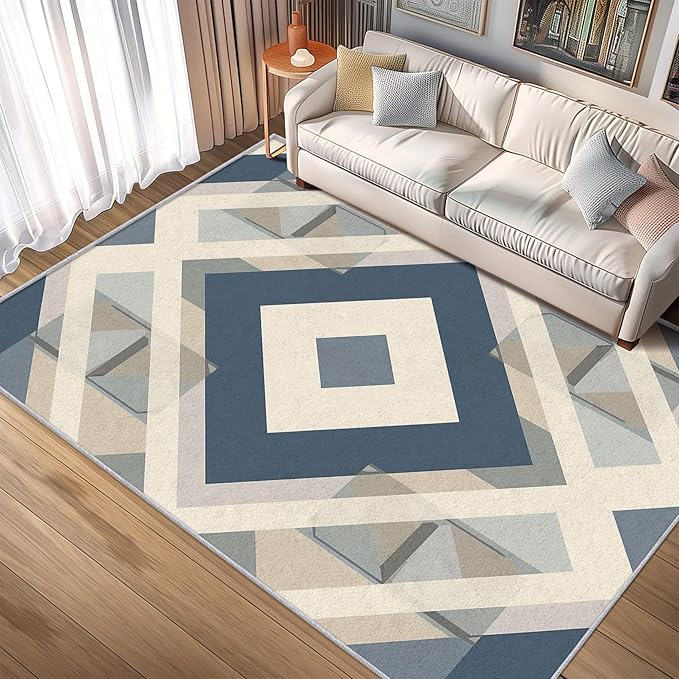 Geometric Rug, Washable 4x6 Rug for Living Room, Modern Abstract Patterned Indoor Carpet, Geometric Decor for Home, Bedroom, Soft Non Slip Thin Design FER96