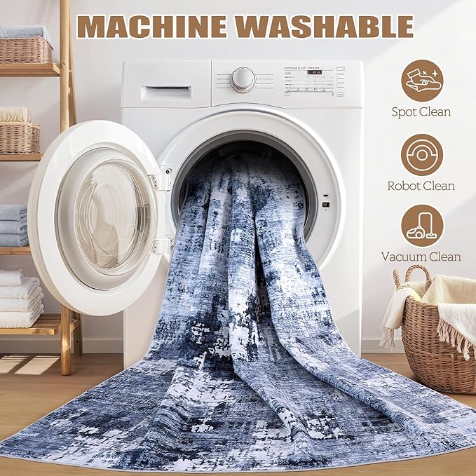 5ft Round Area Rug Living Room Rugs - 5x5 Washable Large Soft Indoor Neutral Modern Abstract Low Pile Rug Carpet for Bedroom Dining Room Farmhouse Home Office - Navy Blue