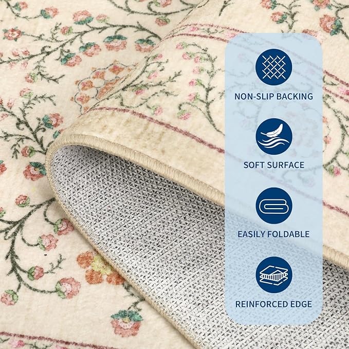 GarveeHome Boho 5x7 Area Rug for Bedroom, Floral Vintage Rugs for Living Room with Soft Low Pile, Non Slip Botanical Washable Rugs 5x7 for Dining Room Camel Carpet for Entryway Dorm Office Playroom