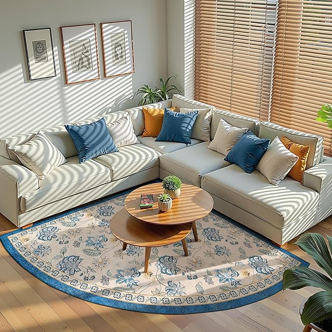 jinchan Elora Floral Corner Rug for Living Room Washable Bedroom Rug Vintage Romance Design Non Slip Quarter Circle Lightweight Low-Pile Throw Carpet for Reading Nook Playroom, 6ft Radius, Blue/Beige