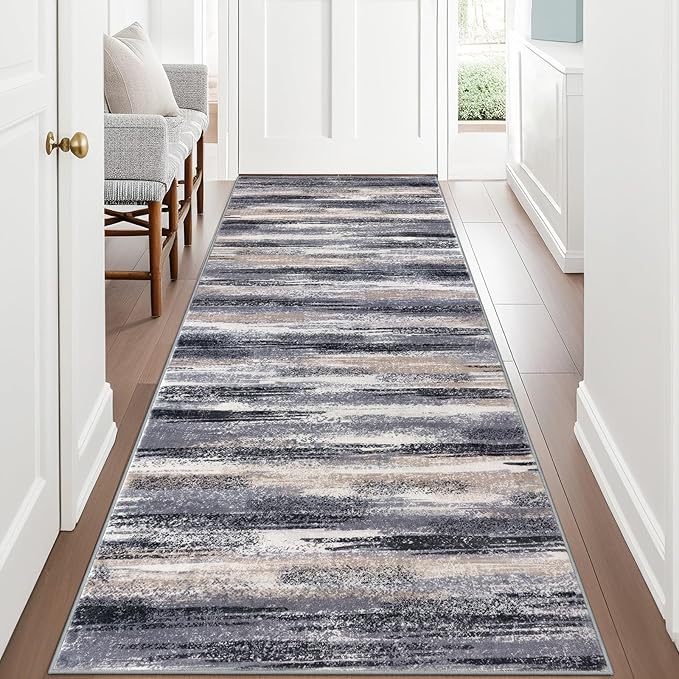 Modern Abstract Runner Rug 3x8, Grey Black Multi Washable Kitchen Runner Non-Slip Soft Hallway Rug Runner Thin Print Faux Wool Carpet for Entryway Bedroom Laundry Room Indoor Home Office Decor