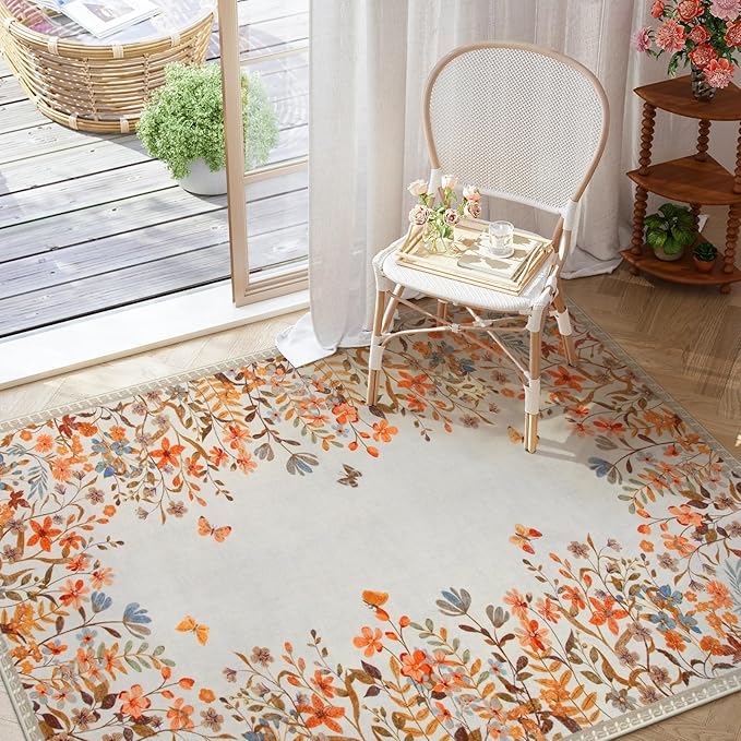 Wonnitar Floral Washable Area Rug 4x6 Halloween Rug, Non-Slip Soft Fall Rugs for Bedroom, Low Pile Botanical Nursery Rug Carpet for Bedside Kids Room Dorm Decor (Orange,4'x6')