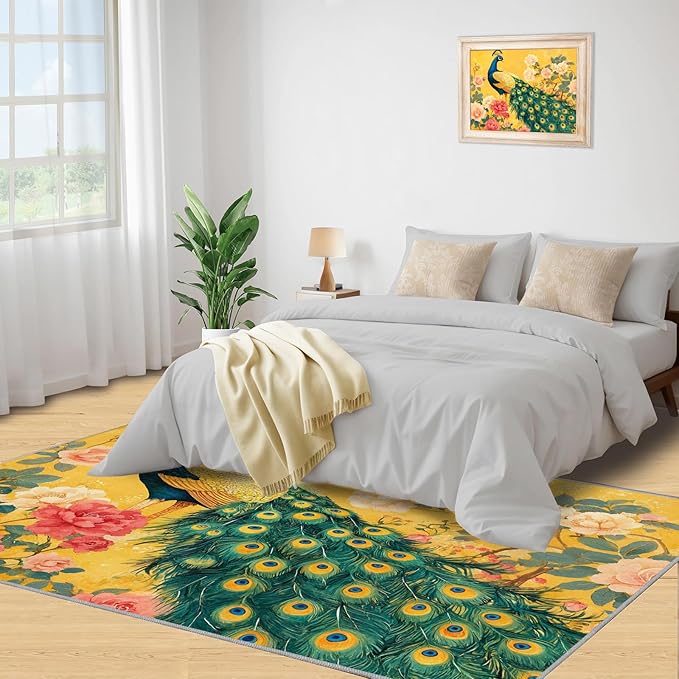 Classic Peacock Rug Large - 5x6 Rug, Peacock Peony Flower Washable Rugs for Living Room, Yellow Teal Turquoise Carpet, Non-Slip Area Rugs for Bedroom, Aesthetics Carpet - Peafowl Home Decor & Gifts