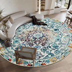 Easy-Going Round Rug 5ft Area Rug Washable Boho Circle Rugs for Living Room Non-Slip Bedroom Rug Low Pile Lightweight Medallion Distressed Throw Rug for Dining Room Kitchen Office, Vintage Multi