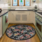 4ft Round Machine Washable Area Rug for Living Room, Black Vintage Boho Floral Rug Large Non-Slip Low Pile Soft Faux Wool Carpet, Kids and Pets Friendly for Bedroom Nursery Farmhouse Home Decor Rug