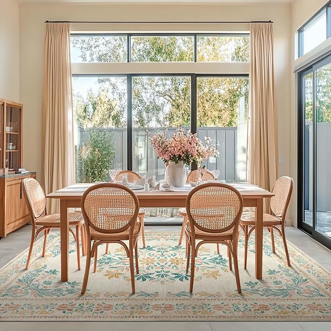 jinchan Vintage Floral 6x9 Area Rugs for Living Room - Machine Washable Distressed Design Soft Throw Rug Ultra-Thin Non-Slip Large Carpet for Bedroom Nursery Dining Room Home Office (6x9ft, Apricot)