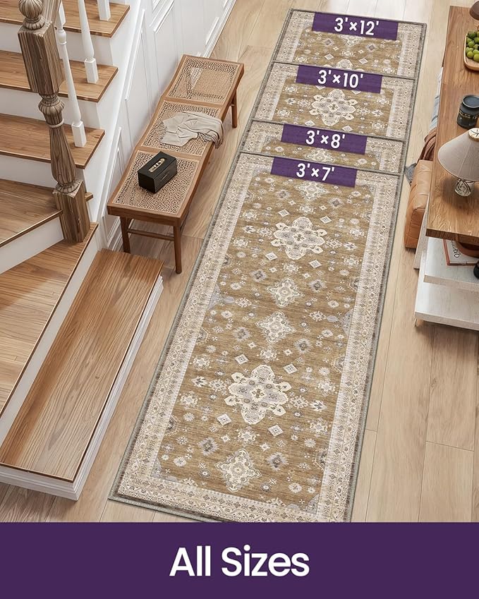 DEXI Hallway Runner Rug 3x12, Distressed Non Slip Runners Carpet, Boho Vintage Soft Thin Indoor Rug, Stain Resistant Washable Entry Mat for Entryway Kitchen Laundry Room Living Room, Light Brown