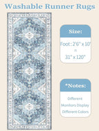 SERISSA Boho Washable Runner Rug, 2'6"x10' Long Non-Slip Vintage Blue Hallway Kitchen Stair Runner Rug Ultra Soft Print Distressed Floor Carpet for Bedroom Bathroom Laundry Room