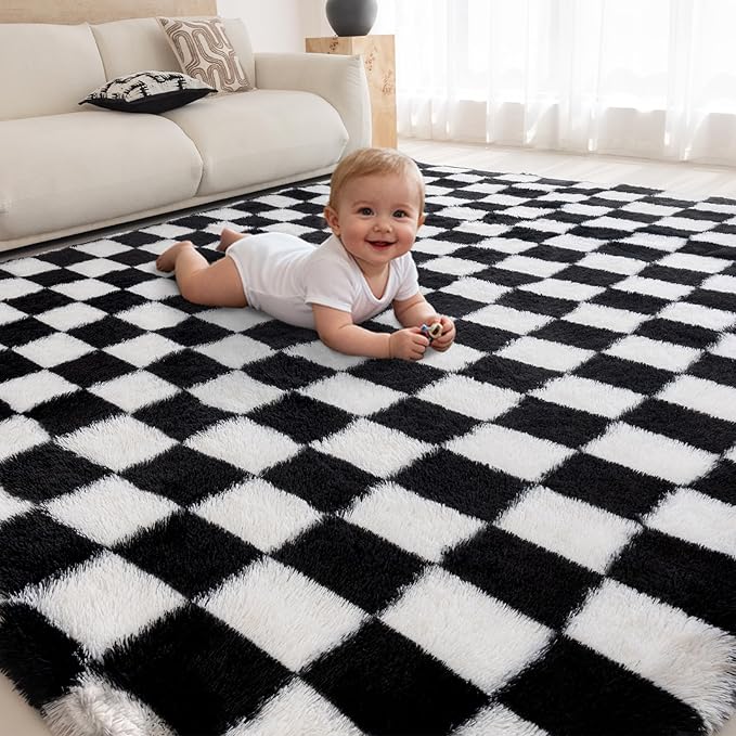 5x7 Area Rugs for Living Room Bedroom, Soft Fluffy Shaggy Bedside Rug, Indoor Floor Carpet for Kids Playroom, Dorms, Nursery Rooms, Home Decor (Black & White 5'x7')