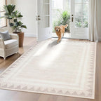 RUGSREAL Machine Washable 5×7 Low Pile Area Rug for Living Room Dining Room Modern Bordered Non Slip Soft Indoor Carpet Foldable Stain Resistant Non-Shedding Rugs for Bedrrom Office Decor, Beige