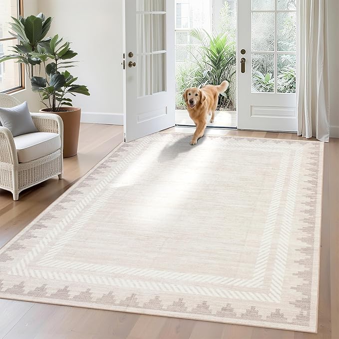 RUGSREAL Machine Washable 5×7 Low Pile Area Rug for Living Room Dining Room Modern Bordered Non Slip Soft Indoor Carpet Foldable Stain Resistant Non-Shedding Rugs for Bedrrom Office Decor, Beige