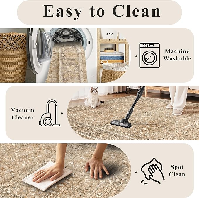 2.6x8 Runner Rug for Hallways Vintage Distressed Non Slip Long Carpet Floral Boho Distress Print Pattern Mat Lightweight Retro Accent Throw Carpet for Kitchen Bedroom Bedside Laundry Room﻿-Khaki