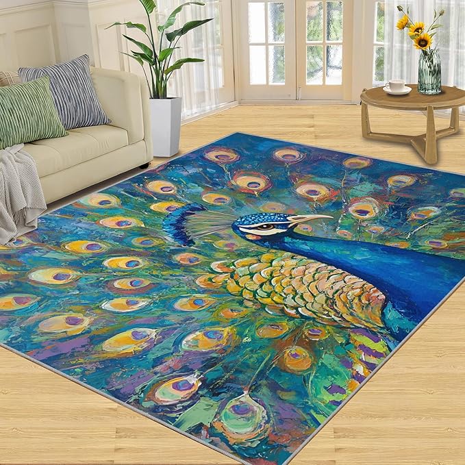Peacock Rug Small - 4x6 Rug, Turquoise Teal Peafowl Washable Rugs for Living Room, Peafowl Decor Carpet, Modern Style Non-Slip Area Rugs for Bedroom, Aesthetics Carpet - Peafowl Home Decor & Gifts