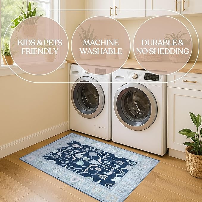 Fame Living Navy Blue Oushak Rug, Modern, Vintage, Turkish, Eclectic, Floral, Pastel, Washable, Area Rugs for Living Room, Dining, Bedroom, Nursery, Girls, Boys, 5'9"x8'9"
