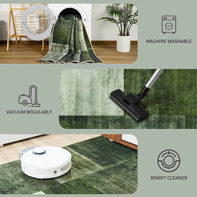 DweIke Large Modern Washable Area Rugs 8x10, Living Room Rug Non-Slip and Non-Shedding Large Rugs for Bedroom, Low Pile Indoor Rubber Backed Carpets for Dining Office Home Decor, Green