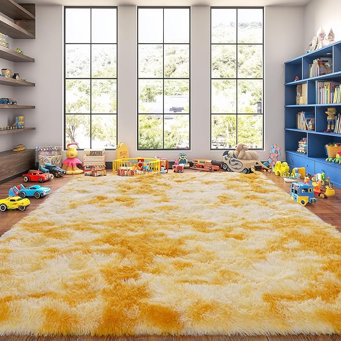 Extra Large Plush Rug High Pile Fluffy Rug for Living Room, Big Plush Non-Skid Shag Carpet, Soft Shaggy Rugs for Bedroom Indoor Modern Home Decor Tie Dye Yellow 9x12ft