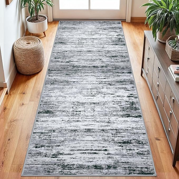 Modern Abstract Runner Rug 2.6x8, Black Grey White Washable Kitchen Runner Non-Slip Soft Hallway Rug Runner Thin Print Faux Wool Carpet for Entryway Bedroom Laundry Room Indoor Home Decor