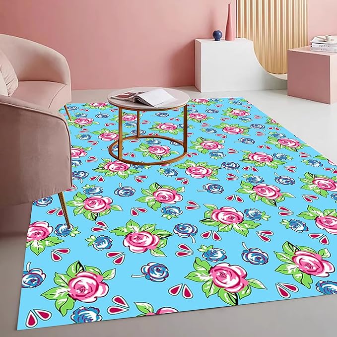 Vintage Floral Area Rug Pink Roses Blue Blooms on Sky Blue Background Romantic Cottage Core Carpet for Living Room Bedroom Dining Room Kitchen Home Office Washable Non Slip Thin Mat 8x10