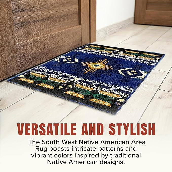 YHSF South West Native American Area Rug C318 - Easy Clean, Thick, Soft, Durable Native Tribal American Indian Inspired Rug for Bedroom/Living Room and More - Navy Blue, 2 Feet x 7 Feet