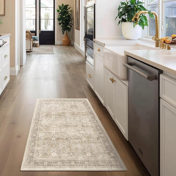 Vintage Beige 3x5 Entryway Rug Indoor Foyer, Neutral Earth Tone Throw Rug for Kitchen Bathroom, Machine Washable Non Slip Ultra Thin Area Rug for Nursery/Bedroom Bedside/Home Office/Dorm