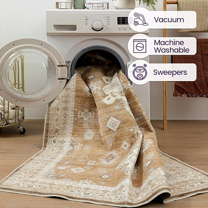 DEXI 5x8 Area Rug for Living Room, Washable Vintage Farmhouse Thin Rug Indoor Floor, Non Slip Stain Resistant Low Pile Carpet for Dining Room Bedroom Office, Light Brown