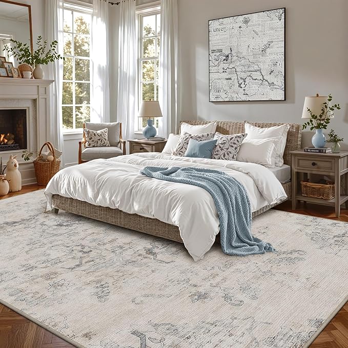 LUMI Washable 5x8 Area Rug for Living Room, Ultra Soft Vintage Rug with TPE Non Slip Backing, Stain Resistant, Low Profile Carpet High Traffic for Bedroom, Dining Room