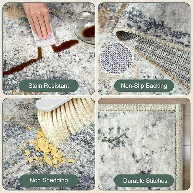 Washable Area Rug 5x7 - Neutral Modern Abstract Rugs, Soft Non Slip Thin Carpet with for Bedroom, Under Dining Room Table, Home, Office, Dorm, Office Rolling Chair - Green Yellow