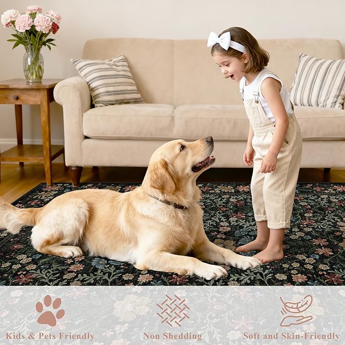 DUKINO 2.6x8 Runner Rug for Hallway, Washable Vintage Floral Kitchen Rug with Non Slip Backing, Soft Low Pile Throw Carpet Runner for Kitchen, Laundry, Hallway, Bathroom, Black