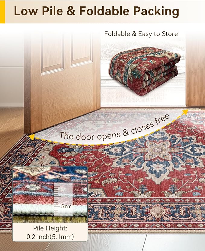 Area Rugs 9'x12' Washable Non-Slip, Floral Vintage Distress Print Pattern Medallion Carpet for Living Room Bedroom Dining Room, Red Blue