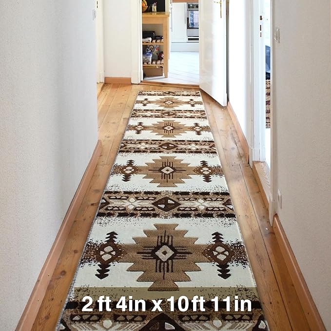 YHSF South West Native American Area Rug C318 - Easy Clean, Thick, Soft, Durable Native Tribal American Indian Inspired Rug for Bedroom/Living Room and More -Ivory, 2 Feet 4 Inches x 10 Feet 11 Inches