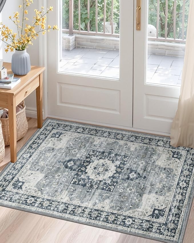 DEXI Area Rugs for Entryway 2'8"x4', Washable Low Pile Vintage Traditional Entry Rug Non Slip, Indoor Door Mat for Bedroom Kitchen Entrance Hallway, Blue Grey