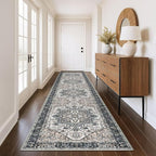KOZYFLY Runners for Hallways 3x12 Ft Extra Long Washable Faux Wool Thin Hallway Rug Boho Runner Carpet Printed Entryway Rug for Bedroom Stairs Kitchen Living Room Hall, Black/Taupe/Beige
