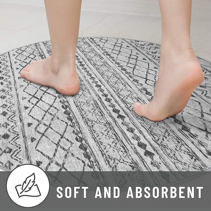 KUTA Boho Round Area Rugs 6Ft Grey Moroccan Circle Washable Rug Non-Slip, Soft Distressed Geometric Low-Pile Throw Carpet for Living Room Bedroom Nursery Dorm Decor
