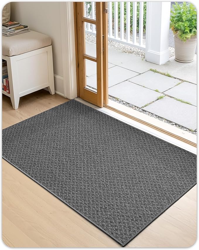Color&Geometry Ultra Thin Indoor Door Mat Non Slip Rubber Backed Dirt Trapper 24"x36"(Rolled-up NO Creases), Rugs for Entryway, Front Door Mat Indoor Washable Low-Profile Entry Mat, Grey